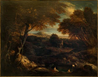 Weite klassische Landschaft mit badenden Figuren im Vordergrund