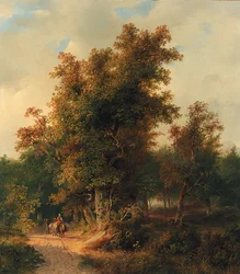 Waldlandschaft mit Reisenden auf einem sandigen Weg