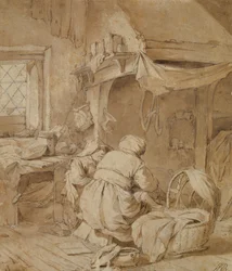 Bauernstube mit Bauer, Wiege und Kind, um 1654