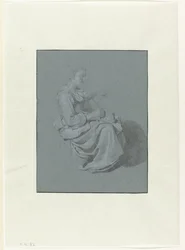 Sitzende Frau, im Profil nach rechts, mit einem Krug in der rechten Hand