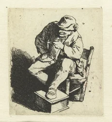 Sitzender Bauer mit Pfeife in der linken Hand