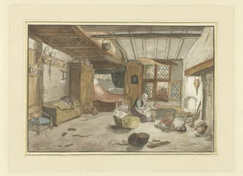 Interieur mit Frau bei Wiege