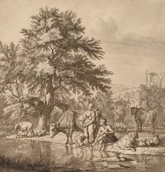 Hirte und Hirtin mit ihrer Herde