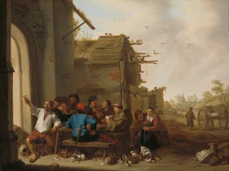 Figuren vor einem Dorfgasthaus