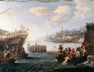 Soldaten, die sich im Hafen von Genua einschiffen, um gegen die Türken zu kämpfen