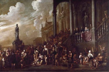 Die sieben Werke der leiblichen Barmherzigkeit: „den Hungrigen zu essen geben“ Gemälde von Cornelis De Wael (1592-1667) (ec.flam) Genua, Sammlung Banco di Chiavari