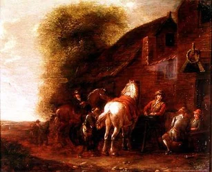Reiter vor einem Dorfgasthaus
