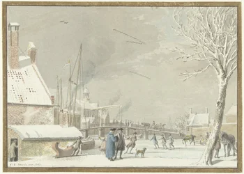 Gefrorener Stadtgraben mit Schlittschuhläufern
