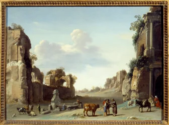 Fantastische Ansicht von Campo Vaccino in Rom mit zwei Eseln. Gemälde von Cornelis van Poelenburgh (1596-1667)