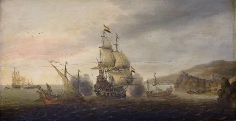 Seeschlacht zwischen niederländischen Kriegsschiffen und spanischen Galeeren, ca. 1633-50