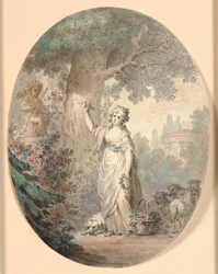 Hirtin, die ein Zeichen in einen Baum schneidet