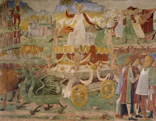 Triumph der Ceres, Szene aus dem Monat August, zugeschrieben Cosimo Tura und Meister von Ercole, Fresko, Nordwand, Halle der Monate, Palazzo Schifanoia, Detail, Italien, um 1470