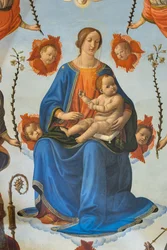 Madonna mit Kind in Herrlichkeit, Heiliger Ambrosius, Heiliger Franz von Assisi, Gottvater und Engel, Altarbild, Detail (Fresko)