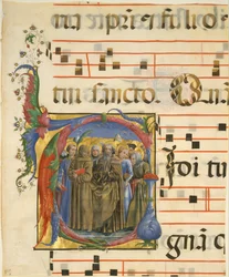 Manuskript-Illumination mit Allerheiligen in einem Initial V, aus einem Antiphonar, 1450-60