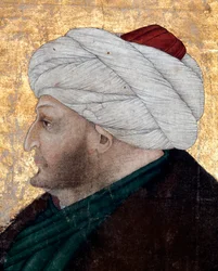 Porträt des osmanischen Sultans Mehmet II (Mehmed II der Eroberer oder Muhammad II Fatih) (1430-1481) Gemälde des Miniaturisten Costanzo da Ferrara (circa 1450 um 1524). Detail. Topkapi Sarayi Museum Bibliothek Istanbul