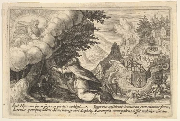 Noah kniet vor Gott, links, der Bau der Arche im Hintergrund, aus einer Serie, 1612