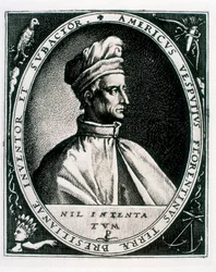 Porträt von Amerigo Vespucci, Inschrift "Americus Vesputius Florentinus Terrae Bresilianae Inventoret Subactor"