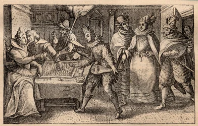 Eine Backgammon-Partie mit wandernden Spielern - Niederländische Kupferstichgravur; aus einer Serie von Drucken, Hortus Voluptatem, von Crispin de Passe (1550-1643) - Ein Paar spielt Backgammon, überrascht von fünf maskierten Männern, Gravur von Crispin de