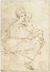 Sitzende junge Frau mit einem nackten Kind auf dem Schoß