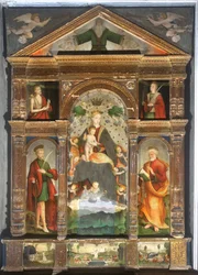 Gekrönte Madonna mit Kind und Engeln, Heiliger Paulus, Heiliger Petrus