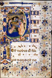 Chor des 15. Jahrhunderts mit einer miniaturisierten „P“-Initiale, die die Geburt Christi darstellt, von Cristoforo Cortese. Frühes 15. Jahrhundert