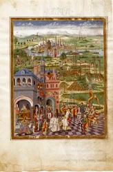 Szene mit Folter und Verurteilungen in einer mittelalterlichen Stadt. Einflüsse des Saturn (Miniatur, ca. 1470)