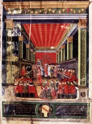 Amtseinführung von Ludovico Maria Sforza, genannt il Moro (1452-1508) - Buchmalerei aus dem Messbuch des Kardinals Arcimboldi, geschaffen von dem berühmten Miniaturisten Cristoforo de Predis. Biblioteca Capitolare, Mailand.