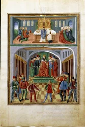 Einfluss der Sonne: weltliche Mächte (König vor seinen Höflingen) und geistliche Mächte (Priester im Dienst in einer Kirche)