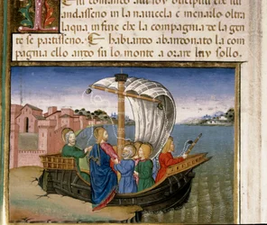 Jesus sagt den Aposteln, sie sollen mit dem Boot nach Kapernaum fahren, während er auf den Berg geht, um zu beten. Miniatur von Cristoforo De Predis (1440-1486) nach der Geschichte des Neuen Testaments