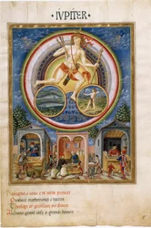 Jupiter mit den Tierkreiszeichen Fische und Schütze. Händler verkaufen verschiedene Gegenstände (Miniatur, ca. 1470)