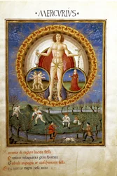 Merkur mit den Tierkreiszeichen Jungfrau und Zwillinge. Bauern bei der Arbeit auf den Feldern (um 1470)