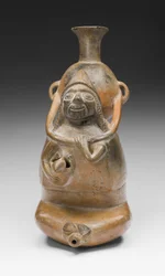 Ritualgefäß, das eine Frau darstellt, die ein Gefäß trägt (Aryballos) und ein Kind stillt, 1200-1450 n. Chr.