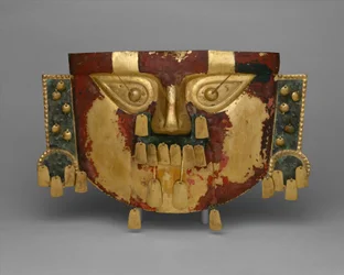 Peruanische Begräbnismaske, 900-1100 n. Chr. (Gold, Silber-Kupfer-Überzüge, Zinnober)