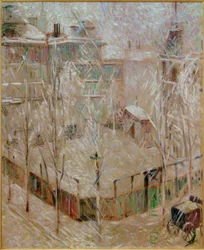 Blick aus dem Atelier auf verschneite Häuser in der Rauchstraße