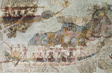 Flotte von Schiffen, Fresko aus Thera, Südliche Kykladeninseln, Griechenland, Kykladische Zivilisation, 3.-2. Jahrtausend v. Chr.