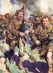 Tapferer Dudelsackspieler führt den Angriff an (Farblithografie)