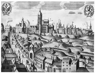Ansicht von Prag mit dem Kaiserpalast und dem Theologischen Kolleg, ca. 1618