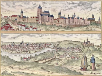 Ansicht von Prag mit (oben) dem Kaiserpalast (Hradschin) und (unten) der Moldau, die die alte und moderne Stadtteile trennt
