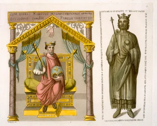 HRR Karl II. (der Kahle) auf dem Thron, nach einem Manuskript in der Colberg-Bibliothek, Tafel 6 aus 