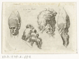 Studienblatt mit vier Köpfen, davon zwei mit einer Mitra