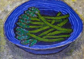 Grüner Spargel in blauer Schale
