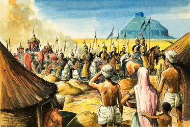 Indische Ureinwohner beobachten, wie eine Prozession von Elefanten und Soldaten sich einer Festung nähert