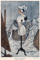 Madame Jeanne Paquin (1869-1936), französische Modeschöpferin, dargestellt mit dem Kreuz der Ehrenlegion, das sie gerade erhalten hat - Illustration von Daniel De Losques (Henri Casimir Paul Thouroude dit) (1880-1915) in „Fantasio“ von 1913