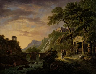 Arkadische Landschaft mit untergehender Sonne