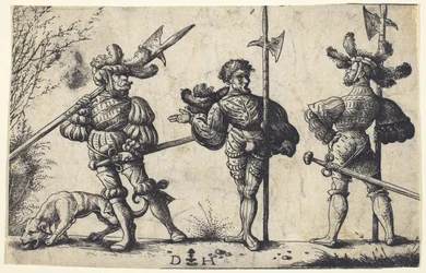 Drei deutsche Soldaten mit Hellebarden bewaffnet