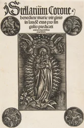 Jungfrau auf einer Mondsichel, Titelseite aus Pelbartus de Temesvar: Stellarium corone Schr. 2869, 1502