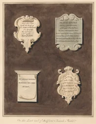 Gedenkstätten für Mrs. Mary Staunton, John Silvester, Mrs. Frances Whiterly und Mrs. Rebecca Lone aus der Kirche von Bedfont