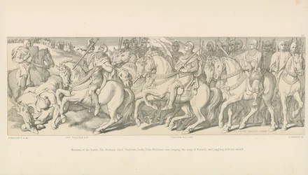 Morgen der Schlacht. Der normannische Häuptling Taillefer führt das Heer von Herzog Wilhelm an, singt das Lied von Roland und jongliert mit seinem Schwert