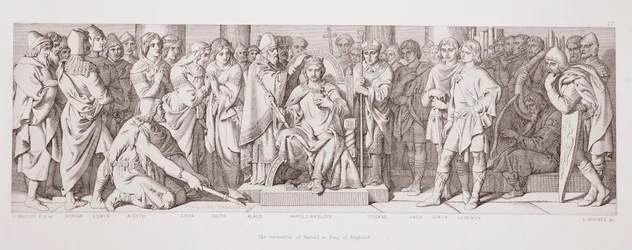 Die Krönung Harolds zum König von England, aus „Die Geschichte der normannischen Eroberung“, gestochen von L. Gruner, 1866