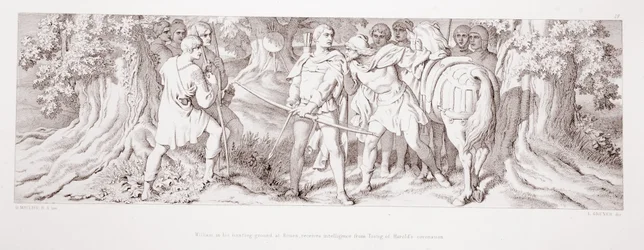 Wilhelm erhält in seinem Jagdgebiet bei Rouen von Tostig die Nachricht von Haralds Krönung, aus „Die Geschichte der normannischen Eroberung“, gestochen von L. Gruner, 1866